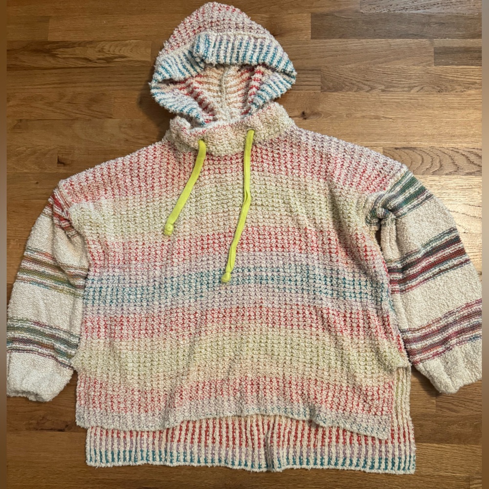 Free People Cream Hooded Sweater with Pastel Stripes